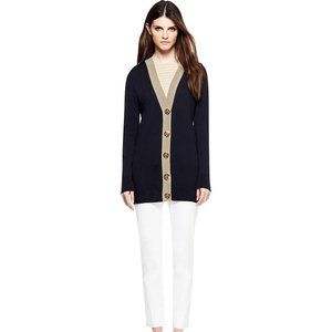TORY BURCH Boyfriend Simone Cardigan Navy Tan Cotton {3A41}